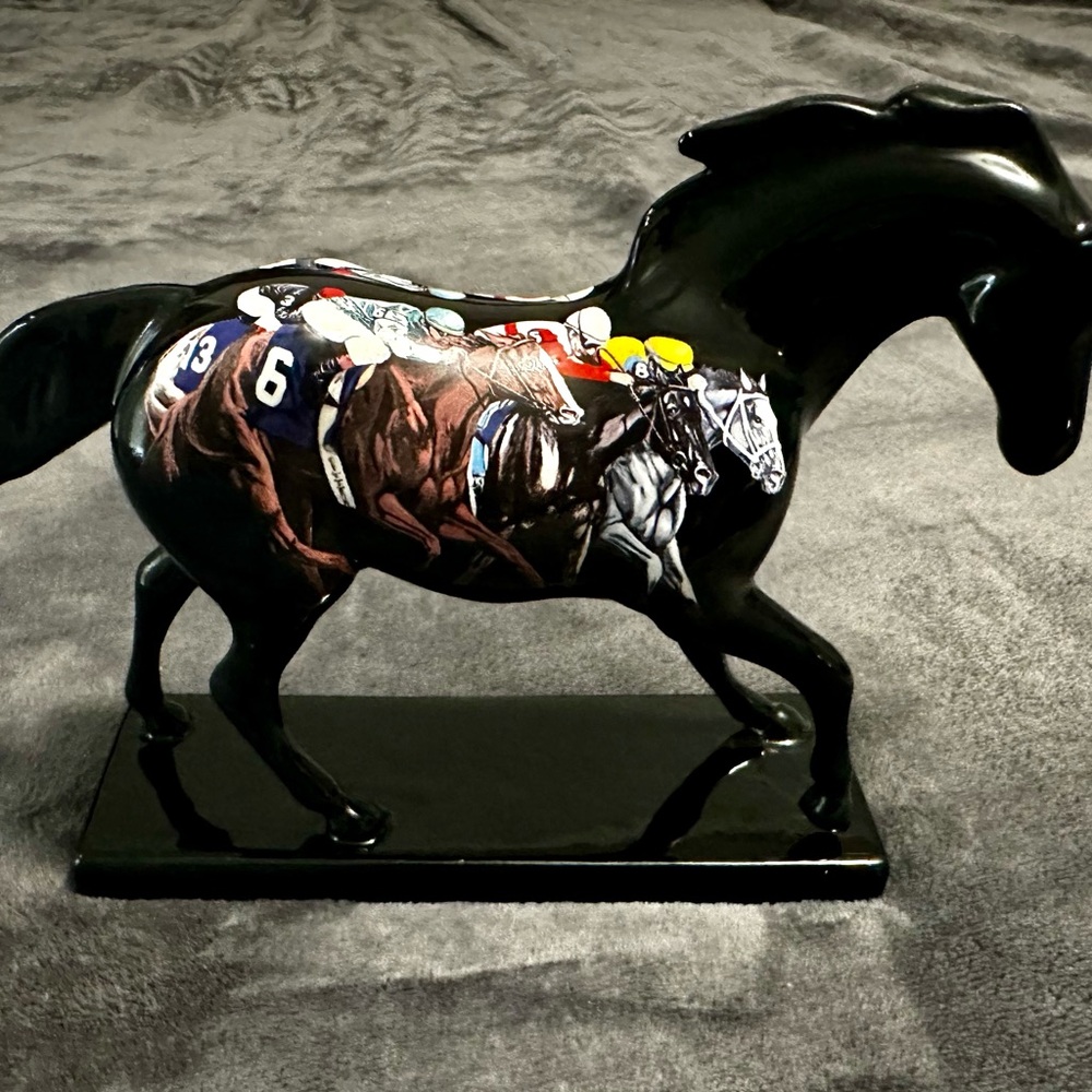 Black Horse Sculpture with Racing Design